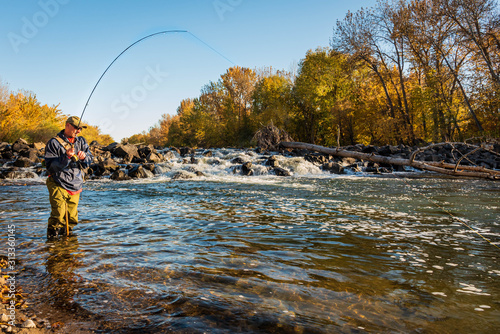 Fly fisherman catching a fish in the mountain river.