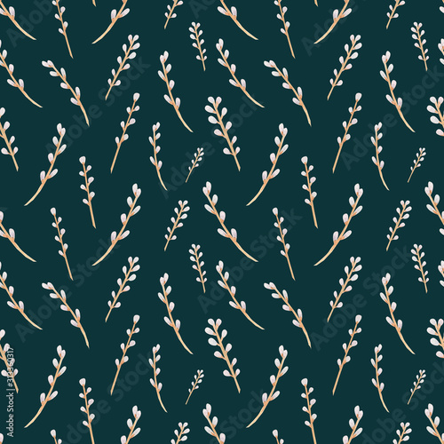 Watercolor hand drawn willow seamless pattern on dark green background. Happy Easter wrapping papper design. Perfect for textile  covers  fabric  planners. 