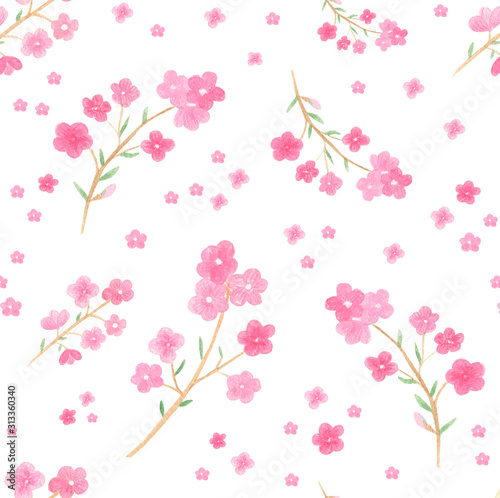 Watercolor seamless pattern with spring flowers on white background. Hand drawn pink sakura branches spring background. Perfect for textile, fabric, planners, covers.