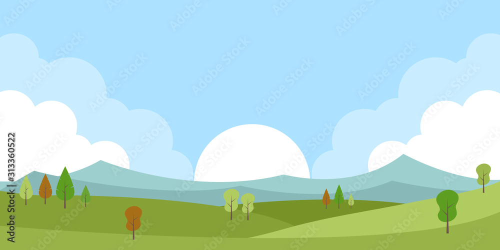 Green spring countryside landscape with trees, sun, blue sky and mountains vector illustration.