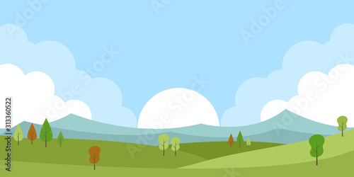 Green spring countryside landscape with trees, sun, blue sky and mountains vector illustration.