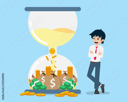 Salary Man Stand and watch the giant hourglass that is making money for him