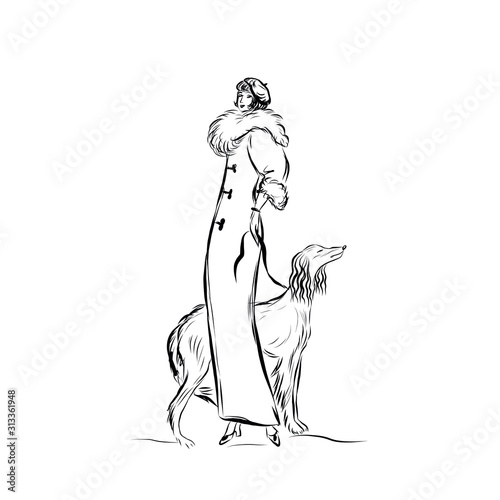 Elegant vintage woman with dog. Female modal dressed in 19th century style clothes. Old fashioned. Nostalgia time. Romantic victorian elegant people.