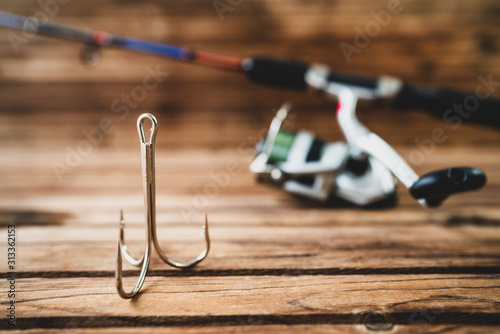 Preperation hook, tackle, pole and fishing equipment for a angling activity photo