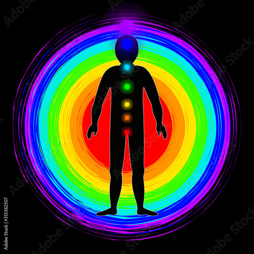 The aura of the body. Rainbow color marked layers of the male body. Etheric, emotional, metallic, astral, celestial and causal layer. Isolated vector on black background