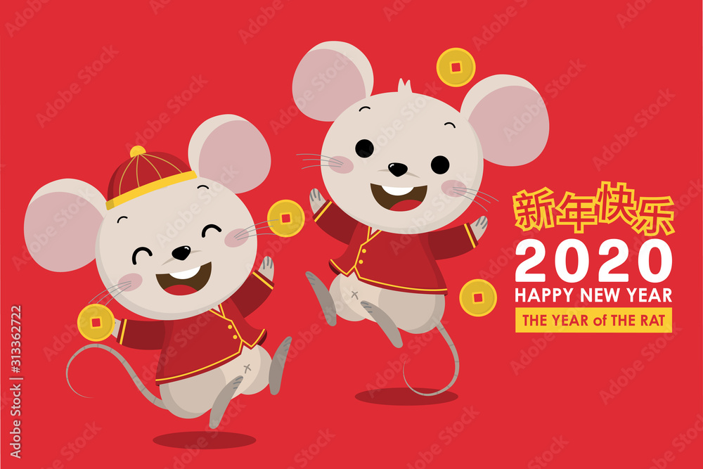Happy Chinese new year greeting card. 2020 Rat zodiac. Cute mouse and gold money. Animal cartoon character set. Translate: Happy new year. -Vector Happy Chinese new year greeting card. 2020 Rat zodiac. Cute mouse and gold money. Animal cartoon character set. Translate: Happy new year. -Vector