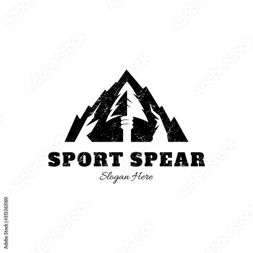 Mountain spear logo design with grunge effect. Adventure sport logo. Arrowhead/hunting vector