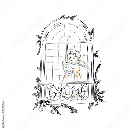 little child reads a letter while standing on a balcony by the window