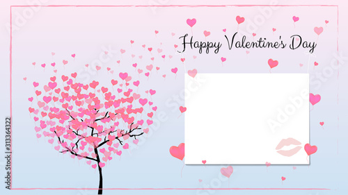 Greeting card for Valentine's day in blue and pink color with a frame. A tree with balloons in the shape of hearts instead of leaves. Many balloons fly in the wind. Copy space. Vector illustration.