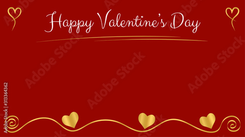 Valentine's day card with red background. Golden ornament and hearts. White text. Copy space in the center. Vector illustration.