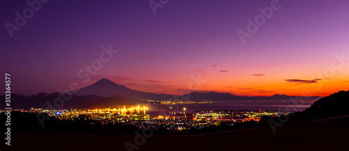 Panorama of sunrise over Mt. Fuji / Fuji Mountain and Shimizu Industrial Port at Nihondaira, Shizuoka, Japan