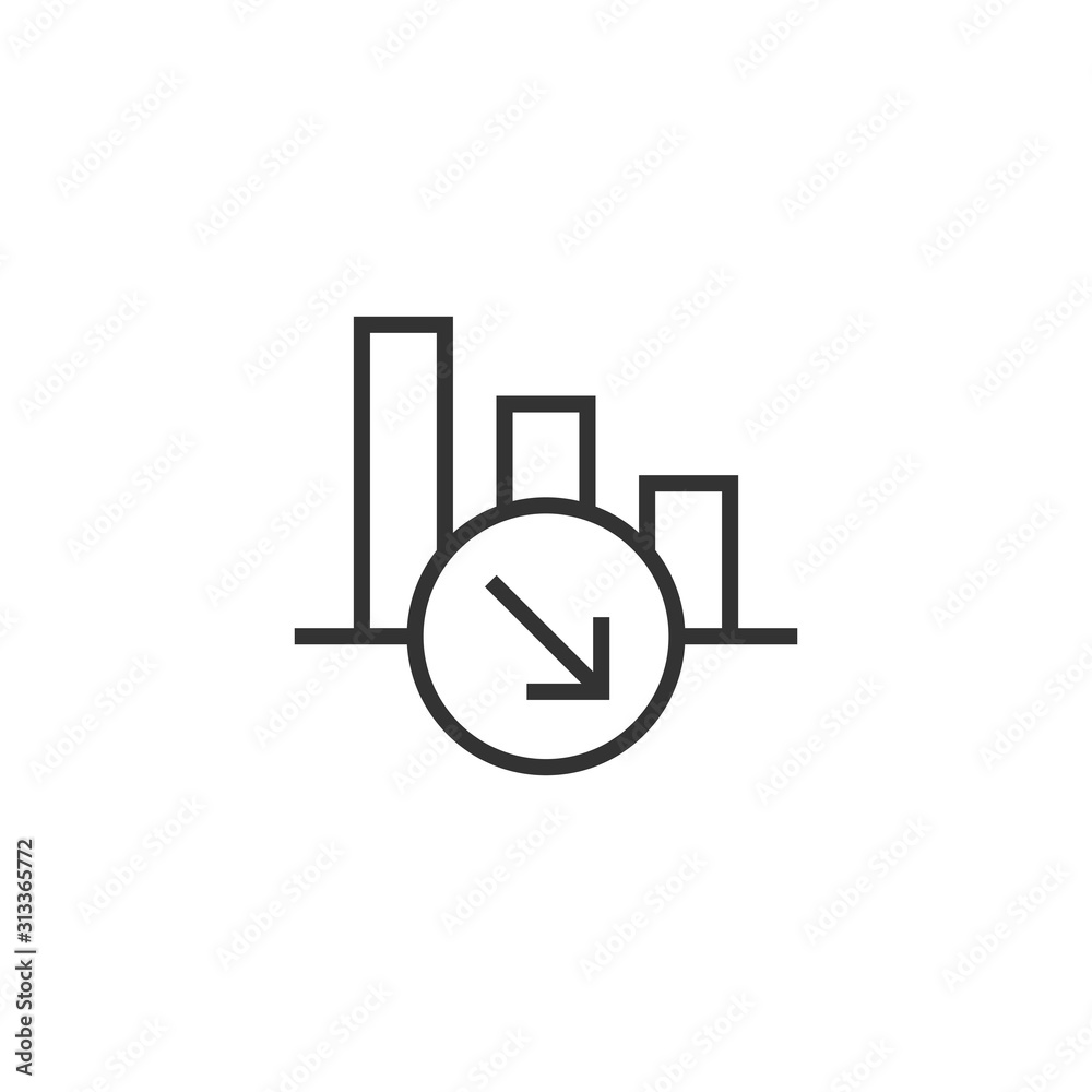 Market trend icon in flat style. Decline arrow with magnifier vector illustration on white isolated background. Decrease business concept. Market trend icon in flat style. Decline arrow with magnifier vector illustration on white isolated background. Decrease business concept.