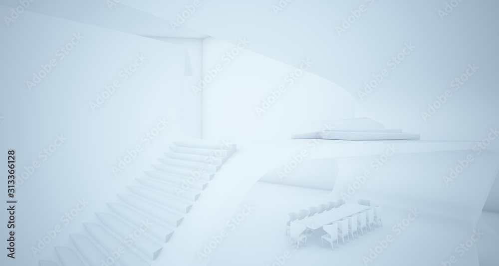 Obraz premium Abstract architectural smooth white interior of a minimalist house with swimming pool. 3D illustration and rendering.
