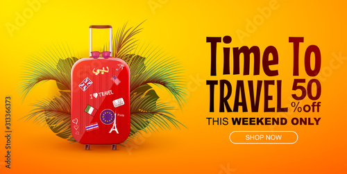 Time to travel horizontal sale banner or discount coupon. Traveling bag with travel souvenirs and tropical plants. Vector Illustration.