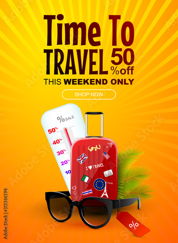 Travel and vacancy sale banner or discount coupon.Traveling bag with souvenirs sunglasses and tropical plants. Vertical design. Vector Illustration.