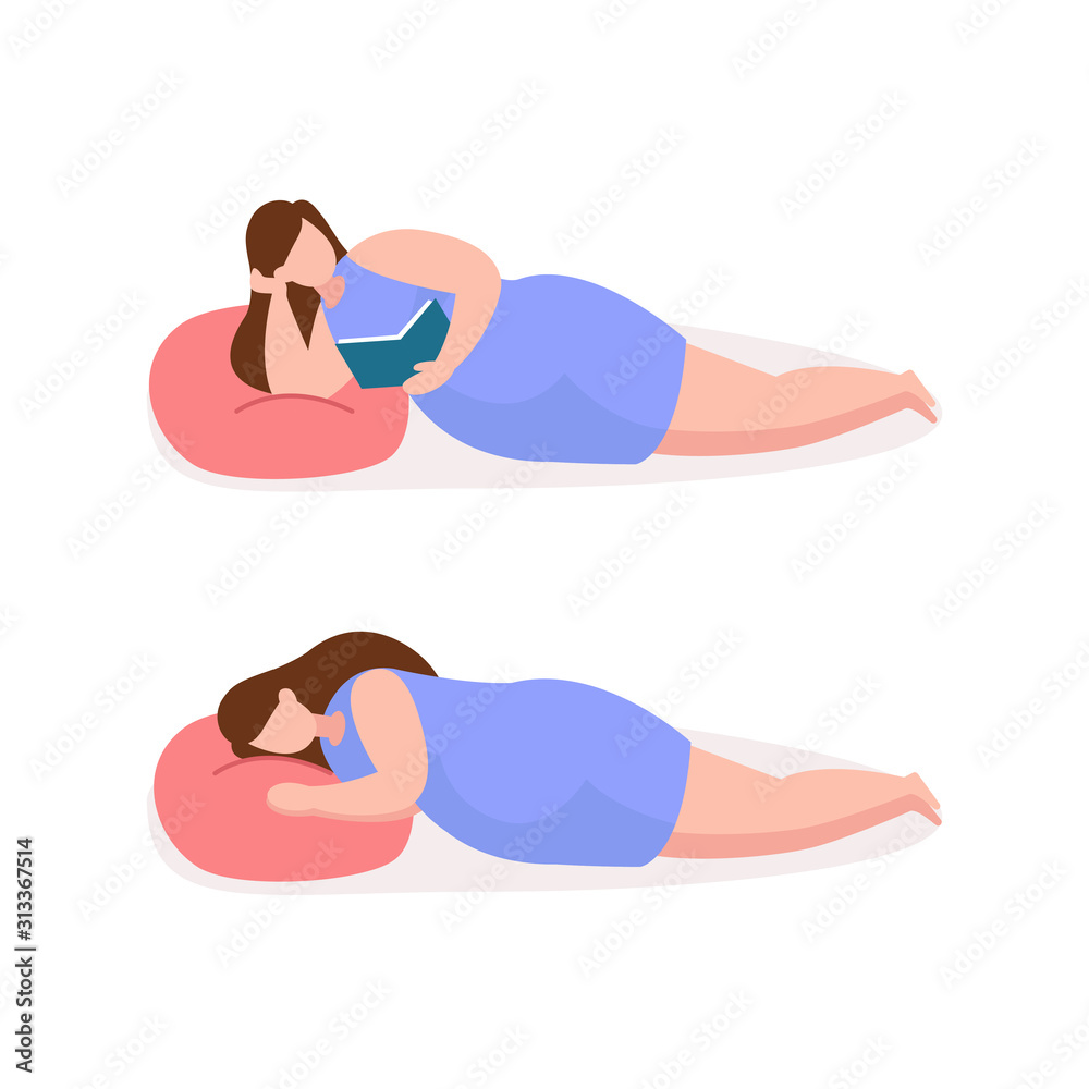 Pregnant woman sleep and read a book, vector flat illustration Pregnant woman sleep and read a book, vector flat illustration