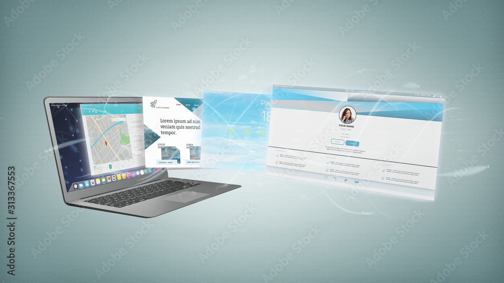 Website application going out a laptop screen 3d rendering Website application going out a laptop screen 3d rendering