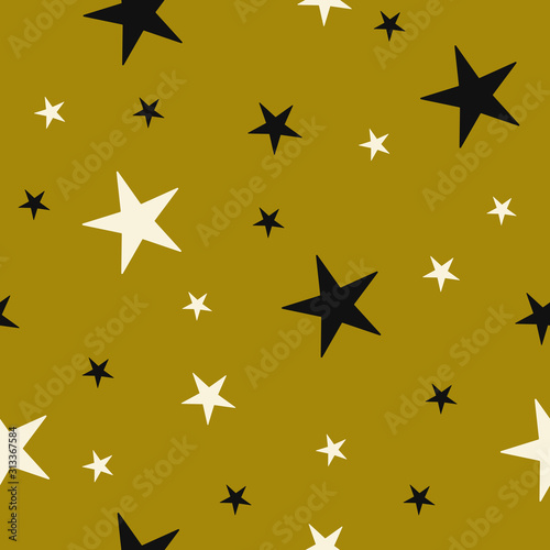 Seamless pattern with drawn stars. Vector Wallpaper White and black stars gold background.