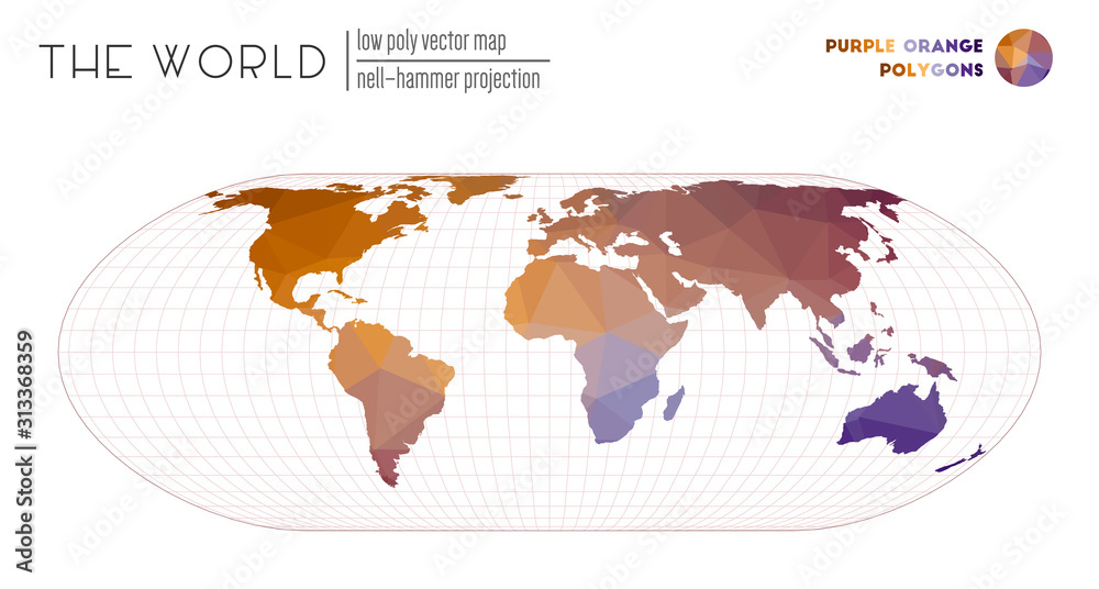 Abstract world map. Nell-Hammer projection of the world. Purple Orange colored polygons. Stylish vector illustration. Stock Vector Adobe