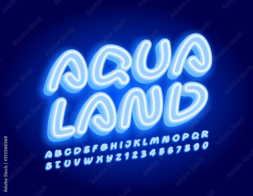 Vector Neon Emblem Aqua Land. Playful Electric Font. Blue glowing Alphabet Letters and Numbers. Vector Neon Emblem Aqua Land. Playful Electric Font. Blue glowing Alphabet Letters and Numbers.