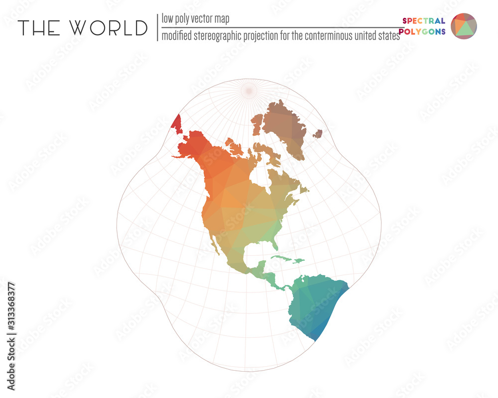 Fototapeta premium Low poly design of the world. Modified stereographic projection for the conterminous United States of the world. Spectral colored polygons. Beautiful vector illustration.