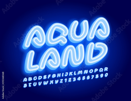 Vector Neon Emblem Aqua Land. Playful Electric Font. Blue glowing Alphabet Letters and Numbers.