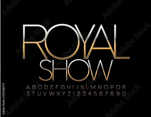 Vector chic Emblem Royal Show. Slim Golden Font. Unique Alphabet Letters and Numbers.