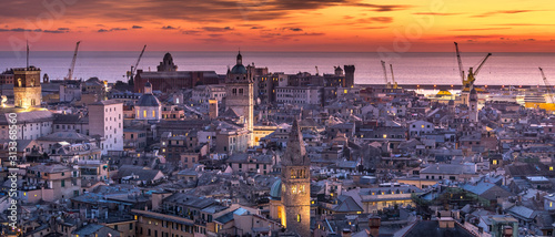 Genoa, Genova, Italy: Amazing sunset panoramic aerial view of Genoa old town ...
