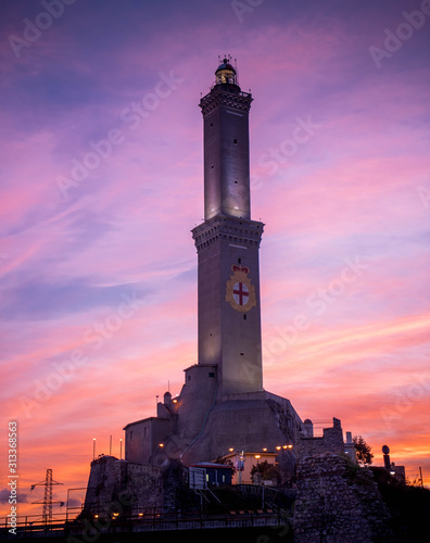 Genoa, Genova, Italy: Amazing sunset view of the Lanterna (lighthouse symbol of the city). Famous lighthouses photo