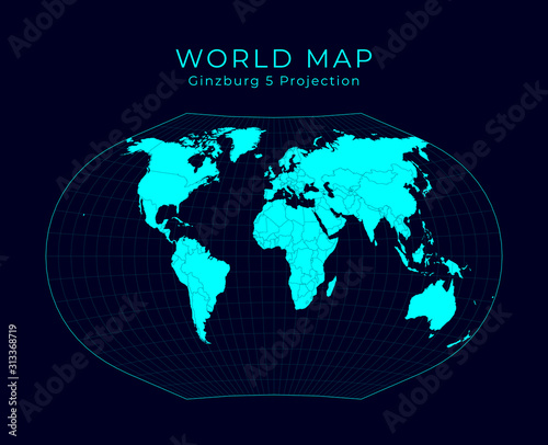 Map of The World. Ginzburg V projection. Futuristic Infographic world illustration. Bright cyan colors on dark background. Neat vector illustration.