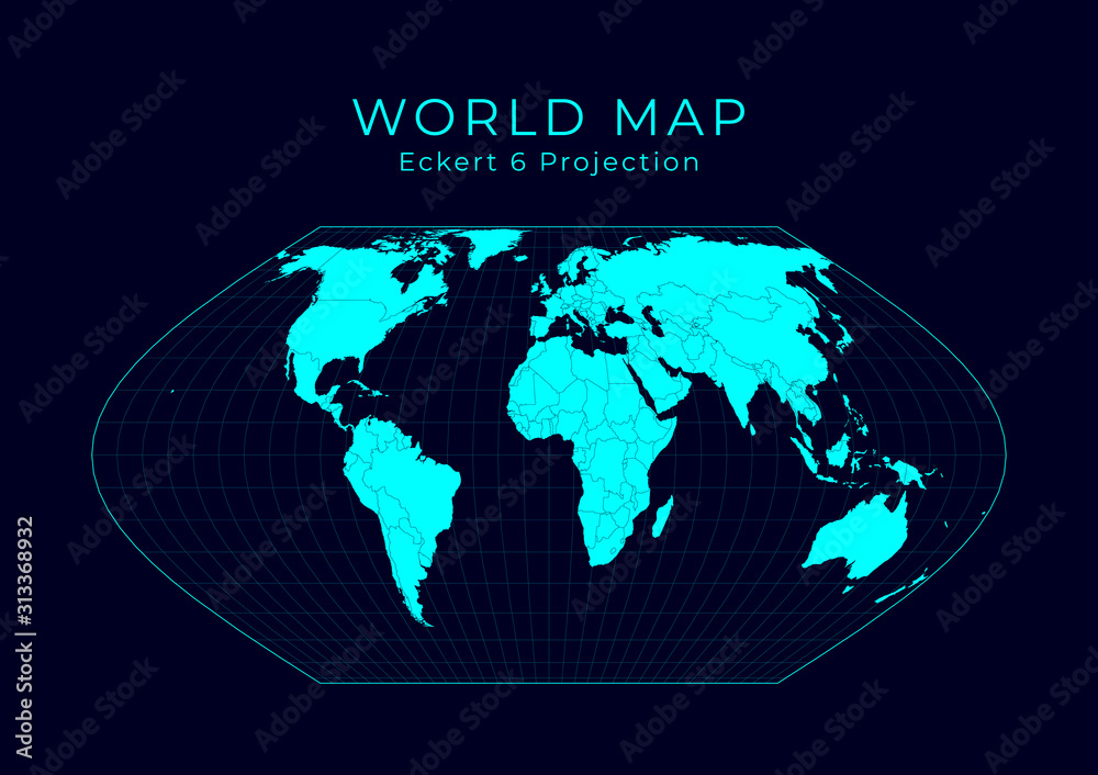 Map of the World. Eckert VI projection. Futuristic Infographic world illustration. Bright cyan colors on dark background. Awesome vector illustration. Map of the World. Eckert VI projection. Futuristic Infographic world illustration. Bright cyan colors on dark background. Awesome vector illustration.