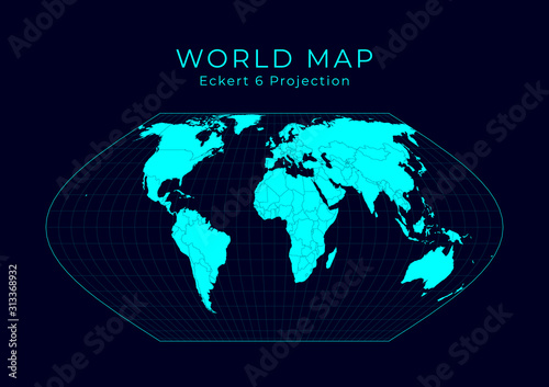 Map of The World. Eckert VI projection. Futuristic Infographic world illustration. Bright cyan colors on dark background. Awesome vector illustration.