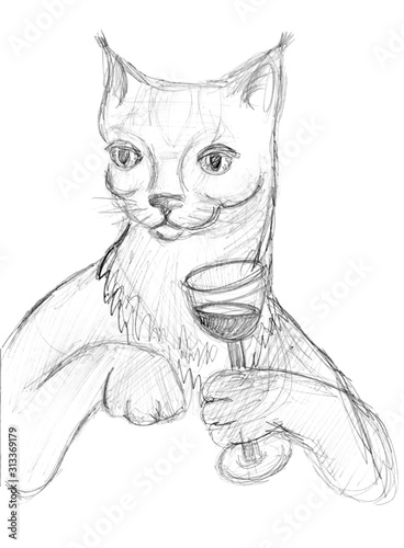 graphic black and white pencil drawing lady cat with a glass of wine