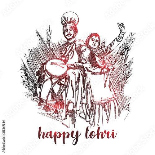 Red shine illustration of punjabi couple dancing bhangra with dhol on the punjabi festival Happy lohri.