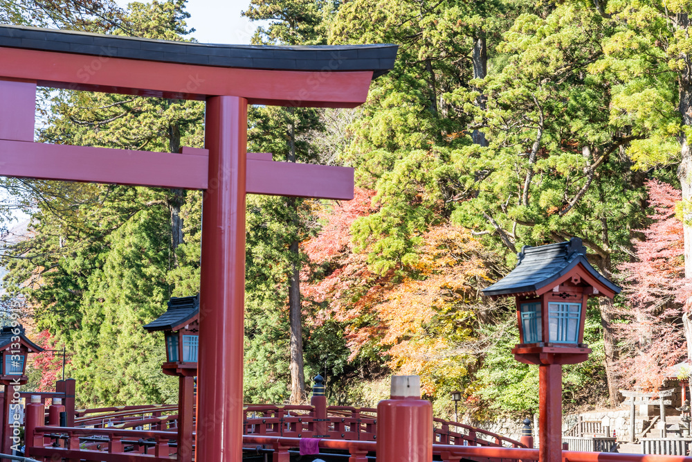 Day scene of Shinkyo bridge over Daiwa river at Nikko, Tochigi Prefecture, Japan Day scene of Shinkyo bridge over Daiwa river at Nikko, Tochigi Prefecture, Japan