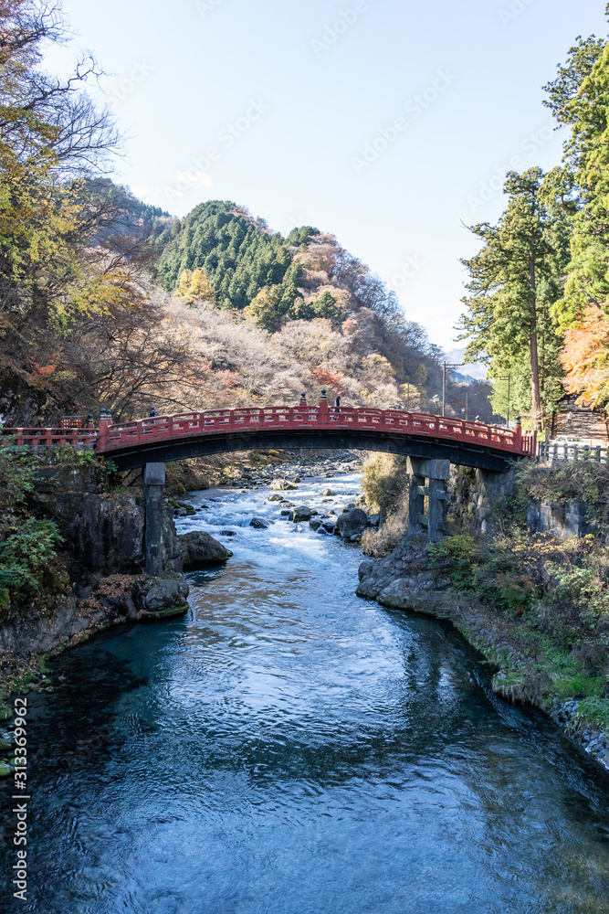 Day scene of Shinkyo bridge over Daiwa river at Nikko, Tochigi Prefecture, Japan Day scene of Shinkyo bridge over Daiwa river at Nikko, Tochigi Prefecture, Japan