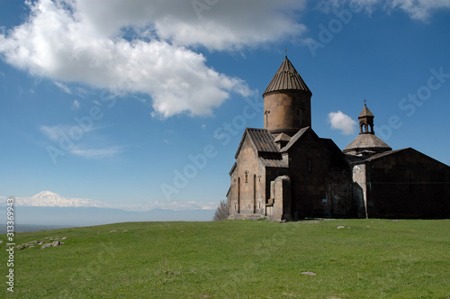 Saghmosavank Monastery (13h centuries) is located on the right bank of huge gorge (canyon) of Kasakh River. Mughni village, Aragatsotn Region, Armenia. photo