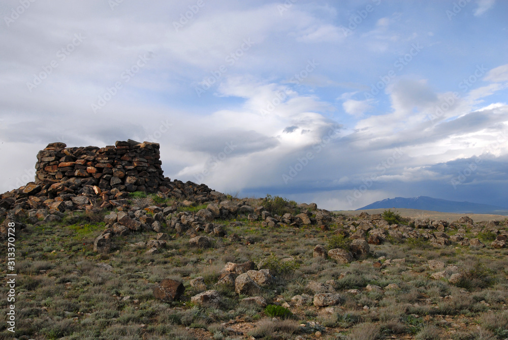Ruins of medieval watch tower. Armavir Region, Armenia.
