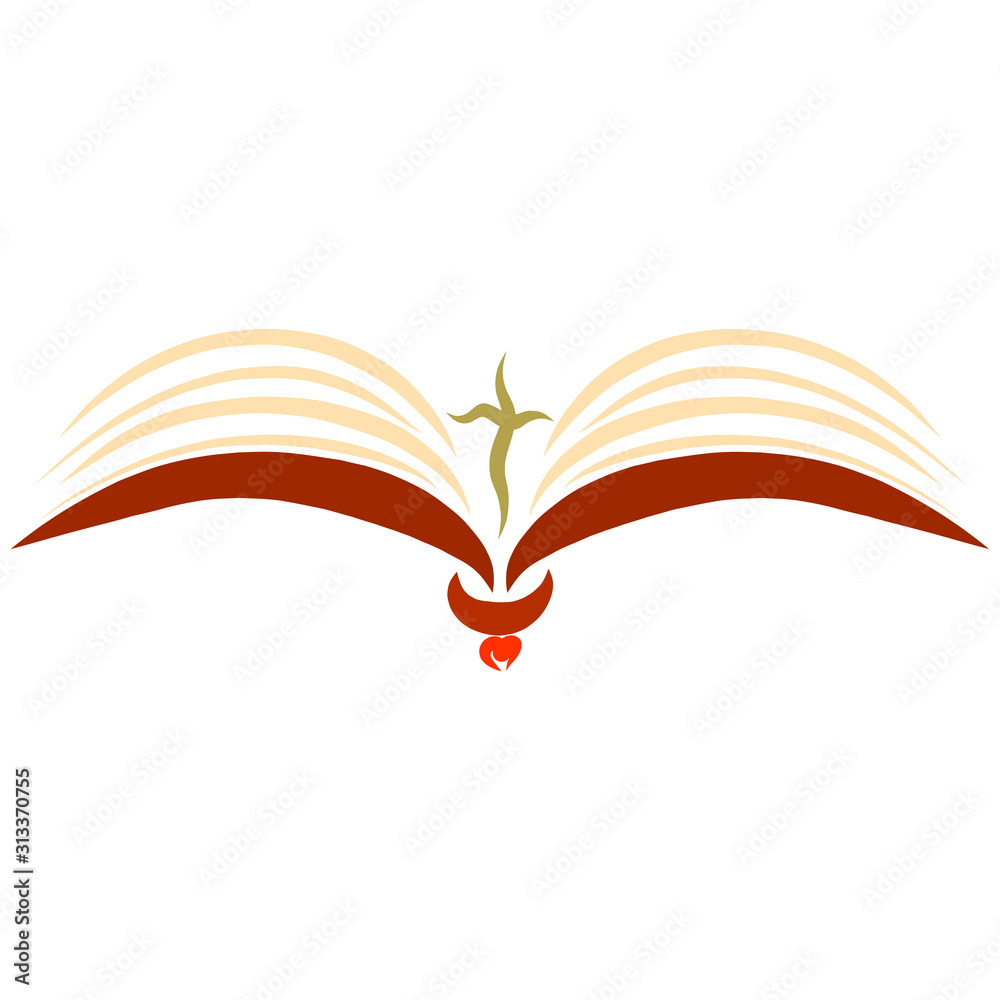 Naklejka premium Open bible with a cross, flying bird of faith