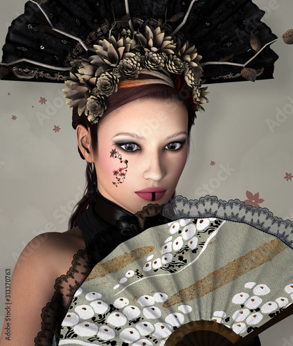 Portrait of a beautiful woman with a fan and a strange headpiece – 3D render