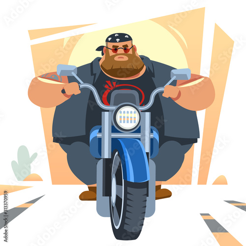 Big biker rides motorcycle, turns, bright colors motorcycle, sports fast motorcycle. Cartoon, flat vector illustration isolated in white background.