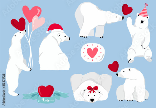 Simple white bear character with heart.Vector illustration character doodle cartoon