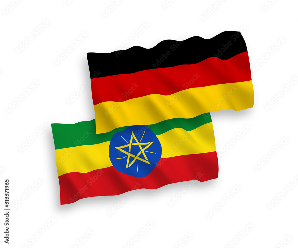 Fototapeta premium National vector fabric wave flags of Germany and Ethiopia isolated on white background. 1 to 2 proportion.