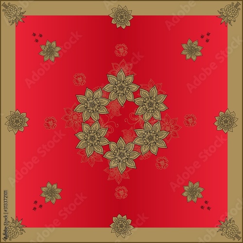 Beautiful bandana print with flowers in gold and red colors. Square design for scarf, shawl, napkin, tablecloth.