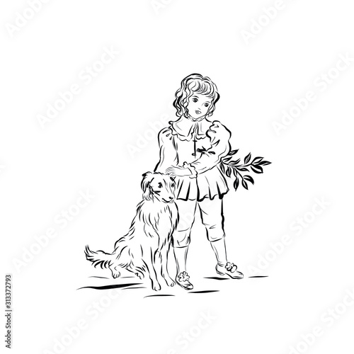 Human with dog, vintage style drawing