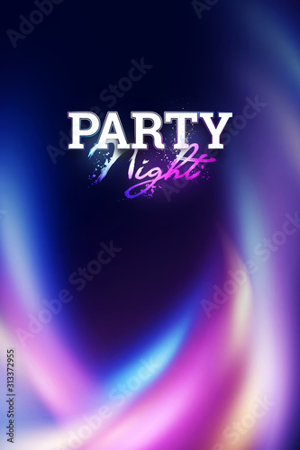 Creative flyer A4 for a night club, the inscription night party on a dark background, neon flashes. Invitation card, advertising design, copy space.