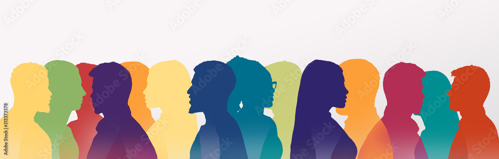Multicolored silhouettes of people talking to each other