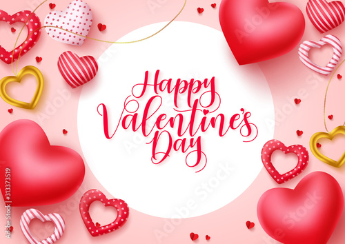 Valentines day vector greeting banner. Happy valentines day typography in white circle space for text with valentine elements like hearts and jewelry in pink background. Vector Illustration