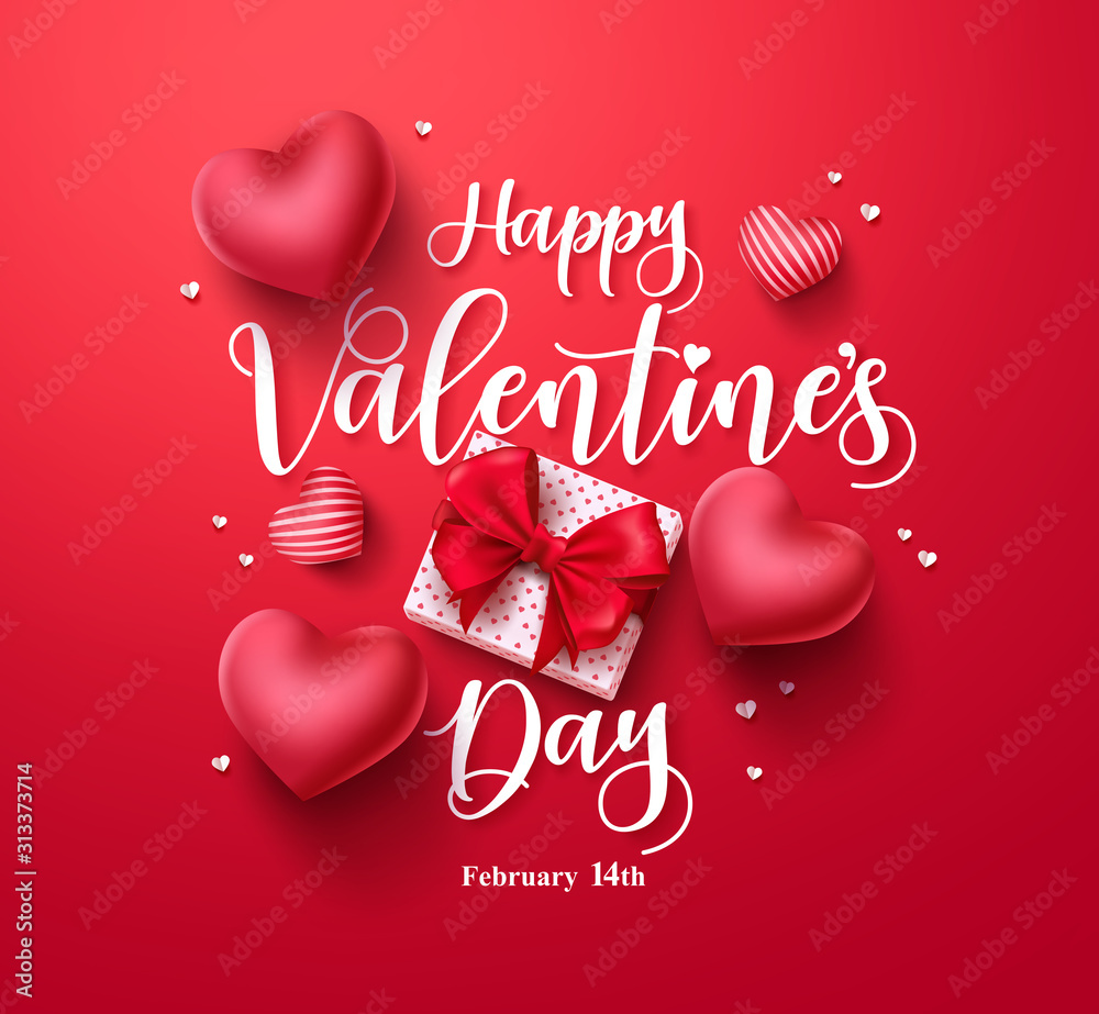 Fotografie Happy valentines day vector banner greeting card with valentine elements like gift and hearts design in red background