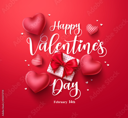 Happy valentines day vector banner greeting card with valentine elements like gift and hearts design in red background. Vector Illustration 
